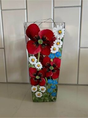 Hand-Painted Floral Glass Vase with Red Poppies